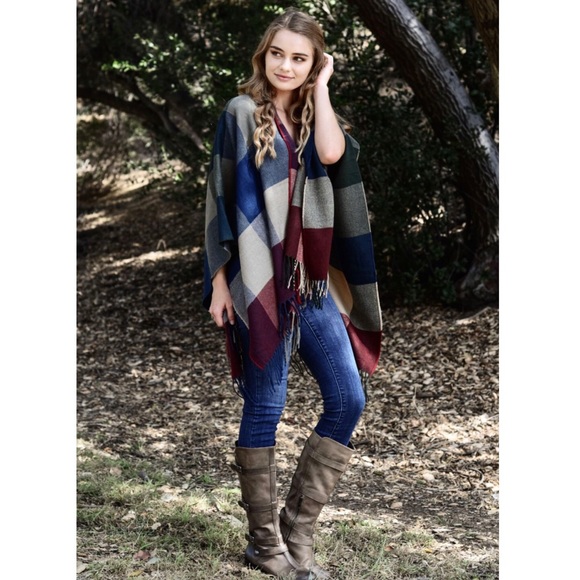 Red Navy Cream Plaid Fall Ruana Poncho Shawl Scarf - Picture 6 of 8